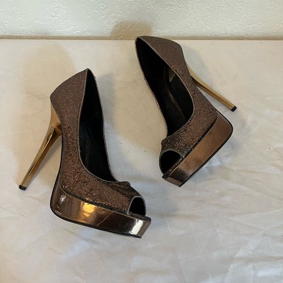 PROMISE HIGH‎ PLATFORM 5.5” STILETTO Heels  SIZE 8.5 Gold Glitter EUC Peep Toe - Picture 2 of 8